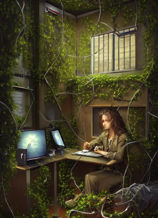 Prompt: an office cubicle with a computer, with vines growing out of everything, gritty horror painting, elegant intricate digital painting artstation concept art by mark brooks and brad kunkle extreme detail 4 k