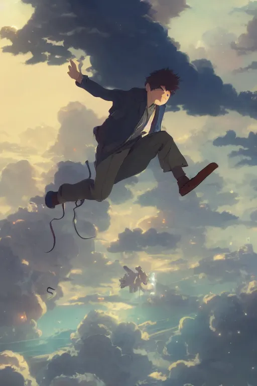 Image similar to a young man falling from the sky towards a magical city with a european style at night, illustration concept art anime key visual trending pixiv fanbox by wlop and greg rutkowski and makoto shinkai and studio ghibli