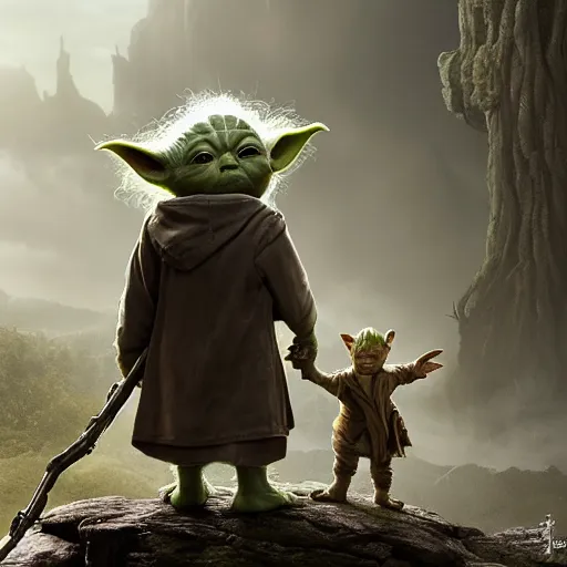 Image similar to yoda ( 2 0 2 1 ) walking next to groot ( 2 0 1 7 ). they are friends. photorealistic, digital art, epic fantasy, dramatic lighting, cinematic, extremely high detail, cinematic lighting, trending, artstation, cgsociety, 3 d ue 5, 4 k, hq