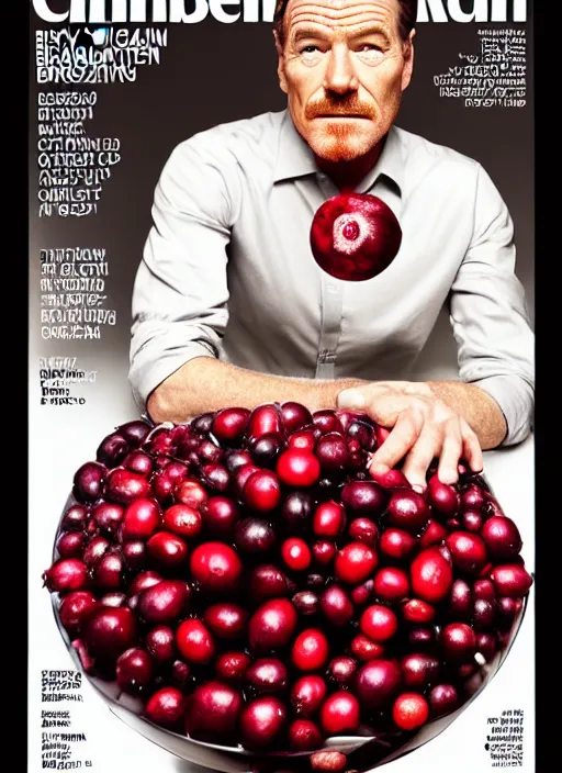 Image similar to bryan cranston with a huge cranberry on his head, cranberry helmet, studio light, bloom, detailed face, magazine, press, photo, steve mccurry, david lazar, canon, nikon, focus