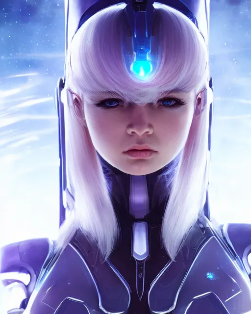 Image similar to perfect android girl on a mothership, warframe armor, beautiful face, scifi, futuristic, galaxy, nebula, raytracing, dreamy, long white hair, blue cyborg eyes, sharp focus, cinematic lighting, highly detailed, artstation, divine, by gauthier leblanc, kazuya takahashi, huifeng huang