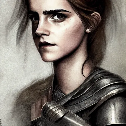 Prompt: full body drawing of emma watson wearing a knight armor, beautiful piercing eyes, hyper realistic face, in the style of greg rutkowski, fantasy, amazing detail, epic, elegant, smooth