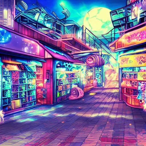 Image similar to anime background of an undersea shopping district built from various sea shells and corals, seaweed, light prisms, light diffraction, steampunk, cyberpunk, cool lights, anime, vhs distortion