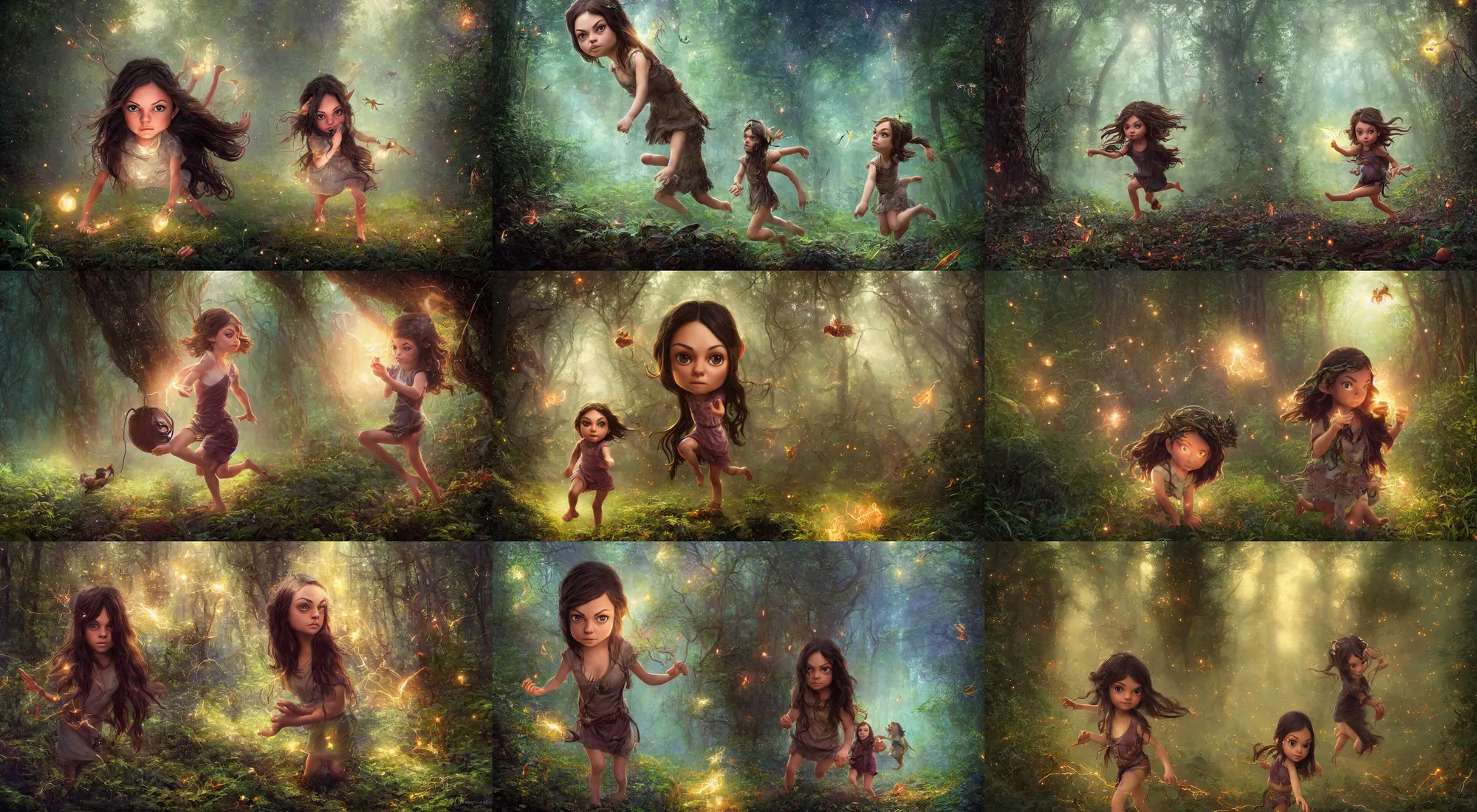 Prompt: portrait of wondrous little mila kunis running through mystical mythical elven forest wide - eyed, fireflies, electricity, wlop, steve argyle, ilya kuvshinov, ralph horsley, rossdraw, mark ryden, daniel f. gerhartz, sophie anderson, lilia alvarado, tom chambers