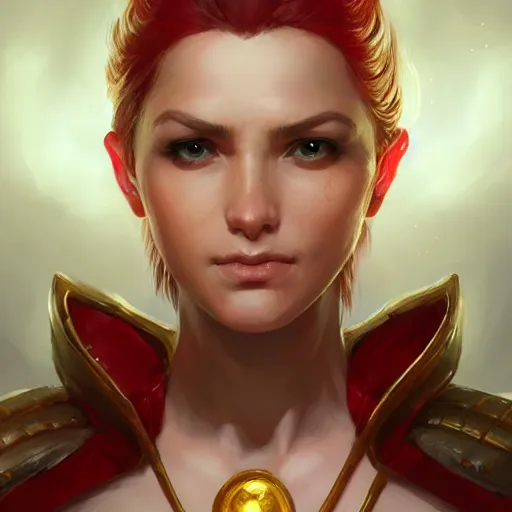 Prompt: female artificer, arrogant, D&D, fantasy, portrait, highly detailed, digital painting, artstation, concept art, sharp focus, illustration, art by artgerm and greg rutkowski and magali villeneuve, red white and gold color scheme