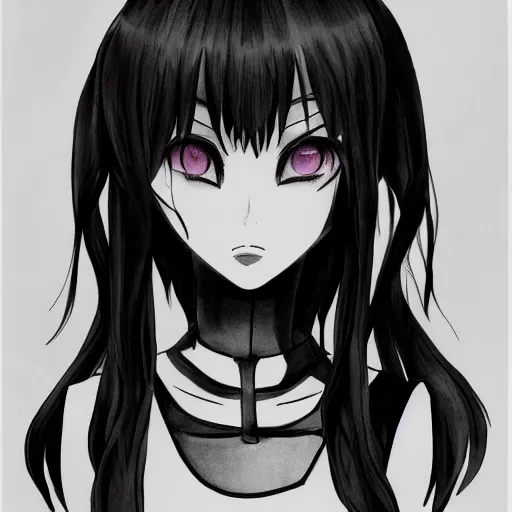 Image similar to headshot art of a goth anime woman, attractive, symmetrical face, trending on artstation, black and white watercolor