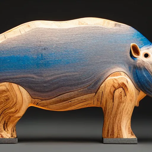 Prompt: award - winning photo, dramatic lighting, a photo of a model hippo made of repurposed elm wood composite mixed! with straight! lines blue epoxy resin, full subject shown in photo, studio zeiss 1 5 0 mm f 2. 8 hasselblad, epoxy resin, wood