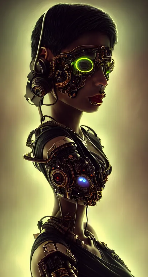 Prompt: soft lustrous ebony dark biotech raver gothic cyborg gutter punk, earbuds, golden ratio, details, scifi, fantasy, cyberpunk, intricate, decadent, highly detailed, digital painting, octane render, artstation, concept art, smooth, sharp focus, illustration, art by artgerm, loish, wlop