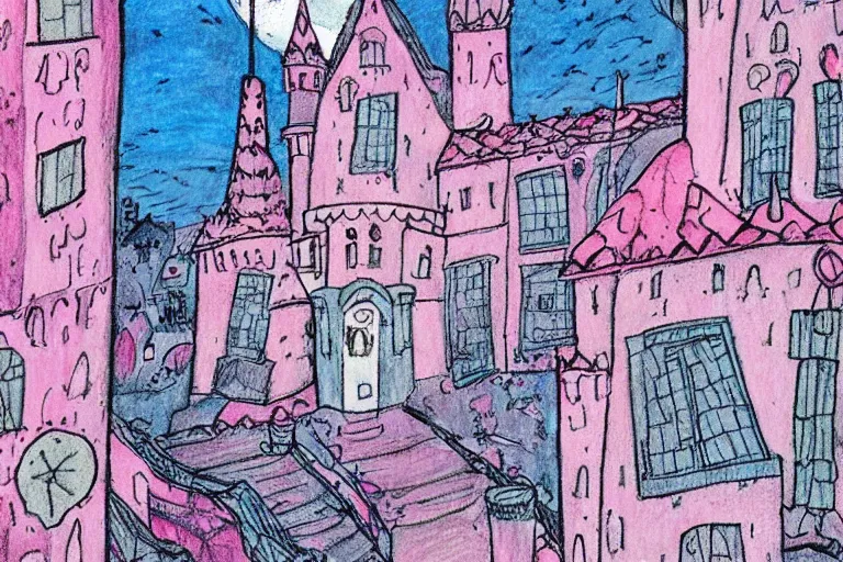 Image similar to a drawing of a pink and blue castle, a storybook illustration by tove jansson, tumblr, psychedelic art, concept art, storybook illustration, whimsical