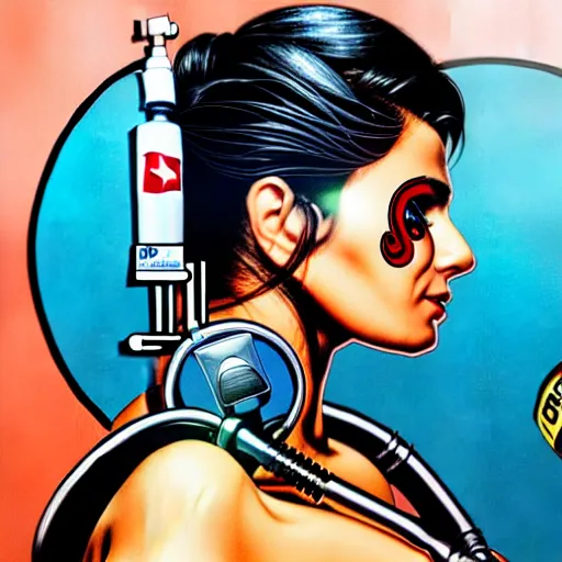 Prompt: a profile photo of a pakistani woman with a diving oxygen mask with side profile blood in ocean intricate details by MARVEL comics and Sandra Chevrier-C