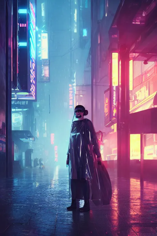 Image similar to a street level, low angle, photograph of a woman with robotic prosthetics in a clear, transparent raincoat, in a futuristic, blade runner city with heavy atmosphere. Volumetric light. Rainfall. Dystopic. Evening, neon lights. 8k. Filmic. Highly detailed. Octane render.