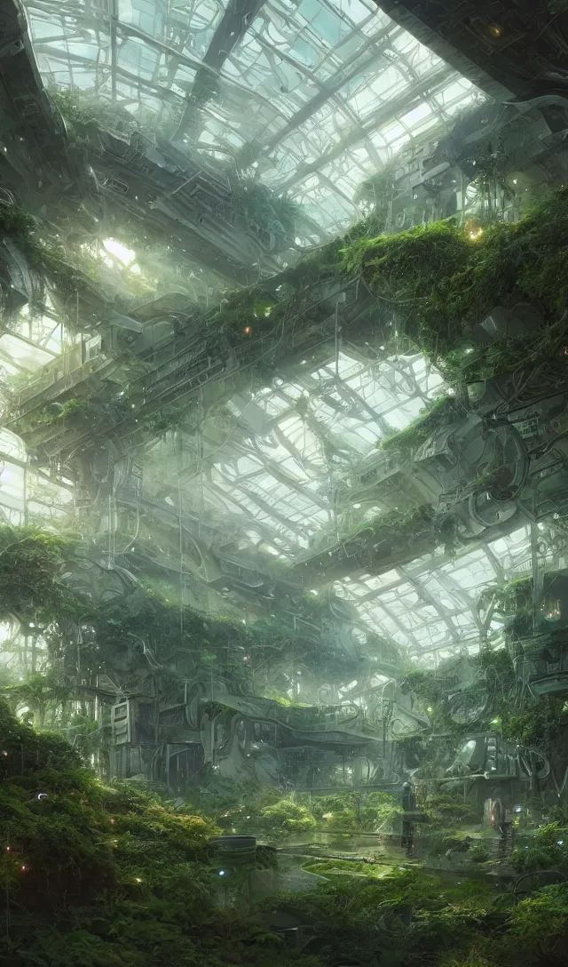 Image similar to vanishing point, green house, spaceship, plants, viewed from afar, stephen bliss, misty, unreal engine, fantasy art by greg rutkowski, loish, ferdinand knab, and lois van rossdraws, global illumination, radiant light, minimalist, detailed and intricate environment