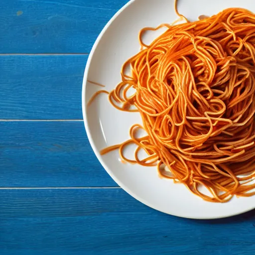 Prompt: highly detailed illustration of a plate of spaghetti on top of a blue and wooden table