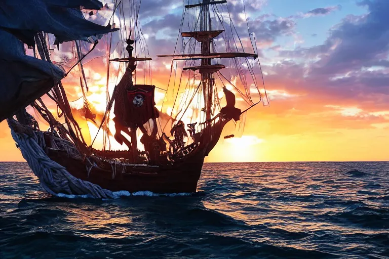 Image similar to portrait of captain jack sparrow sailing into the sunset on a pirate ship