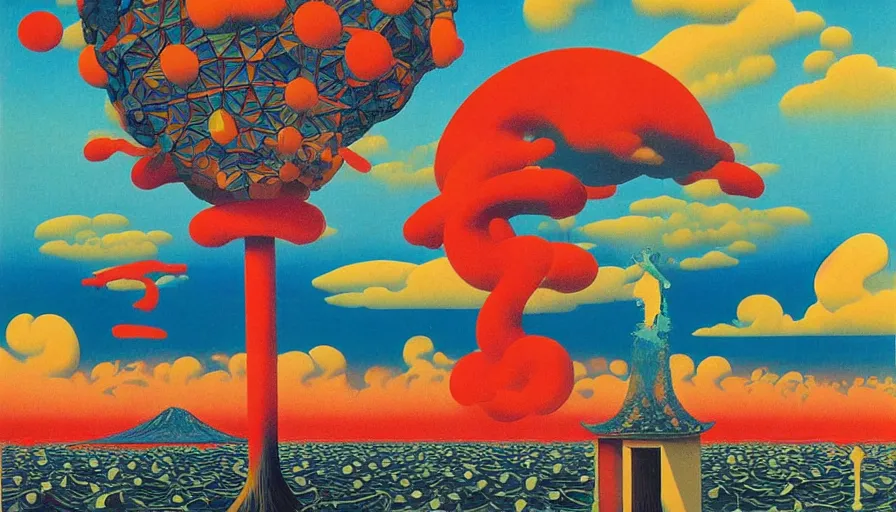 Image similar to Japan travel and tourism c2050, surrealist psychedelic painting in the style of Oxygene, Magritte, Roger Dean, Yoshio Awazu, vivid color