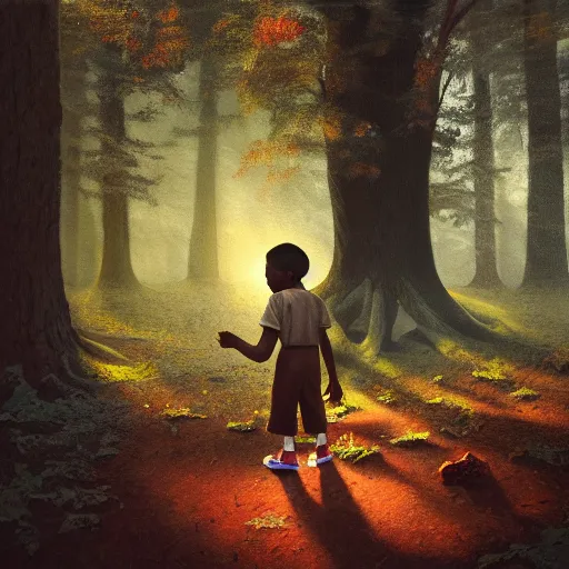 Image similar to a cinematic detailed painting of a black kid in the woods, volumetric light, surrealism, highly detailed, realistic, retro, in the style of francis bacon and james jean, trending on artstation, painting by Edward Hoper, colorful, realistic, smooth, octane render