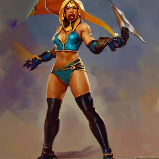 Image similar to greg manchess portrait painting of partially armored menat from street fighter as overwatch character, medium shot, asymmetrical, profile picture, organic painting, sunny day, matte painting, bold shapes, hard edges, street art, trending on artstation, by huang guangjian and gil elvgren and greg rutkowski