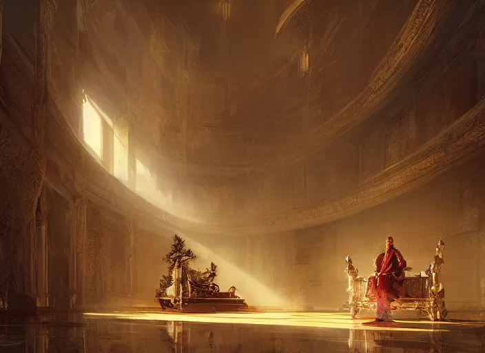 Prompt: new golden house interior with throne volumetric lighting, digital painting, highly detailed, artstation, sharp focus, illustration, concept art, ruan jia, steve mccurry, amazing composition