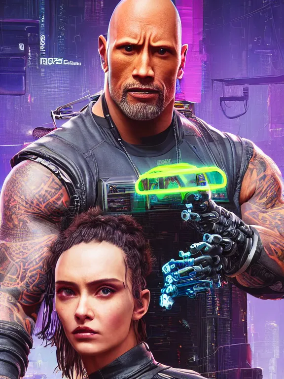 Image similar to a cyberpunk 2077 portrait of Dwayne Johnson holding a female android,complex mess of cables and wires behind them connected to giant computer,film lighting,by laurie greasley,Lawrence Alma-Tadema,William Morris,Dan Mumford, trending on atrstation,full of color,face enhance,sharp focus,highly detailed,8K, octane,golden ratio,cinematic lighting
