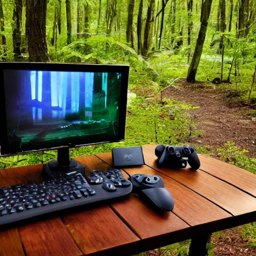 Prompt: gaming setup in forest