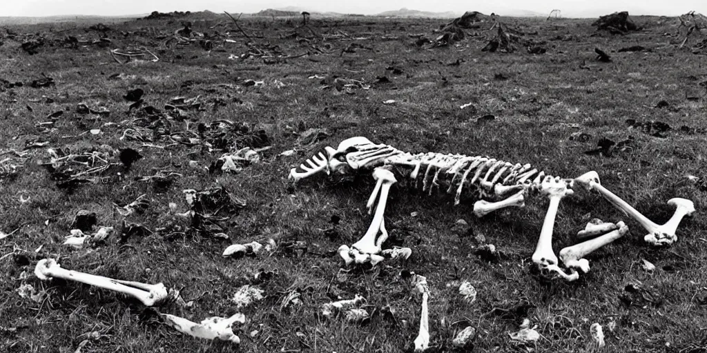 Prompt: “ remnants of a skeleton in foreground wearing tattered 1 8 0 0 s navy uniform lying on rocky and barren ground, boots, no trees or grass, background stretches into horizon, slightly rolling terrain ”