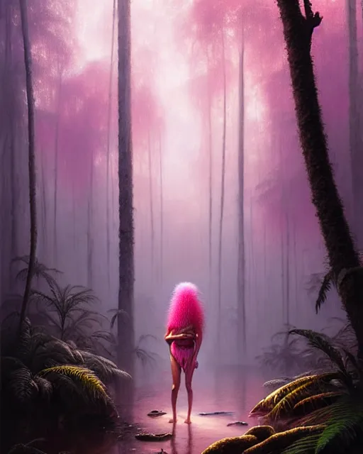 Image similar to a hyper - detailed 3 d render like an oil painting of tribe member portrait in a tropical forest with pink smoke!!!!! surreal concept art, lifelike, photorealistic, digital painting, aesthetic, smooth, sharp focus, artstation hd, by greg rutkowski, bruce pennington, valentina remenar, rhads, asher duran,
