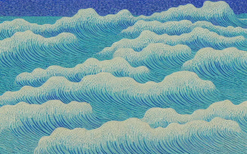 Image similar to a beautiful quiet beach in okinawa, fractal waves. japanese embroidery. retro minimalist art by jean giraud and van gogh.