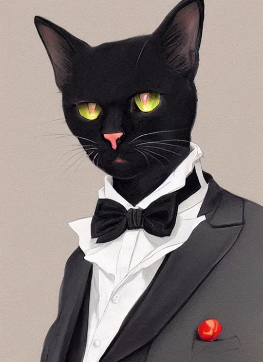 Prompt: portrait of a serious and intelligent black cat scholar!!!!! in a retro! suit, digital art by artgerm and greg rutkowski