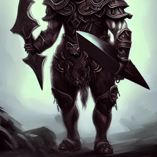 Image similar to epic minotaur beast in heavy ornate armor wielding giant axe, artwork, concept art, greek mythology, dark fantasy, digital painting, artstation, d&d