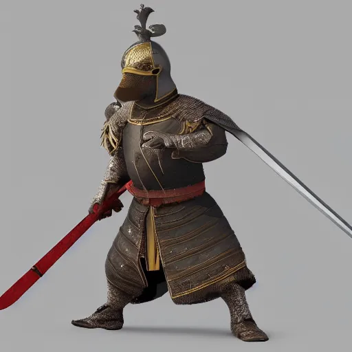 Image similar to duck medieval warrior with sword and armor. hyper realistic render