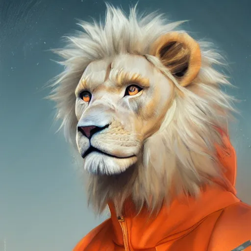 Prompt: aesthetic portrait commission of a of a male fully furry muscular anthro albino lion in orange tracksuit,digital art,art by greg rutkowski,character design by charles bowater,detailed face,hyperdetailed,photorealistic,artstation,deviantart,4k,western comic art,sharp,high definition