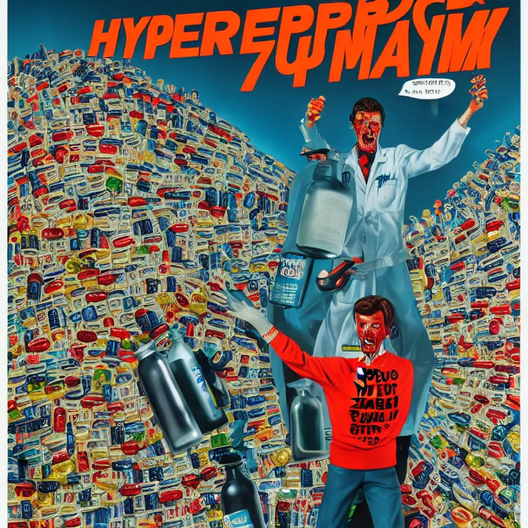 Prompt: hyperdetailed cyber fun 70's poster painting in a color style of 70's black poster art of an a crazy pharmacist zombie holding a giant jar of pills, epic scale ultrawide angle, 3D rendered, Vray rendered, octane render, unreal engine