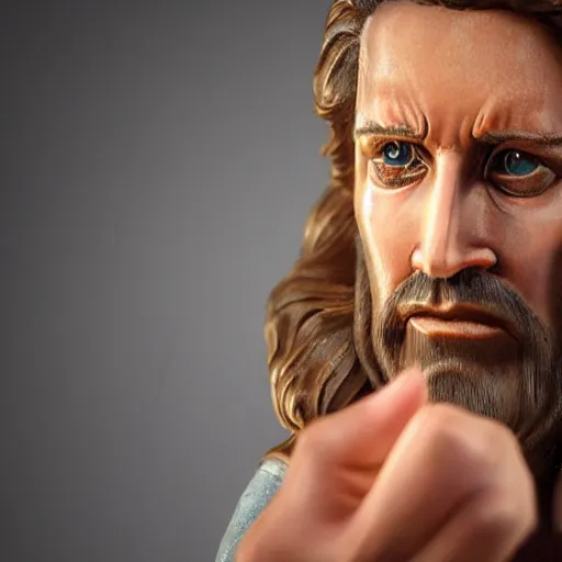 Image similar to uhd real 8 k photo of jesus showing his middle finger, digital art, portrait, portrait concept art, special effects, finely detailed, studio lighting, correct details, correct face, accurate middle finger