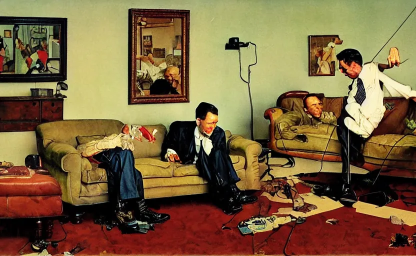 Image similar to a thin man jumps over a telephone beside a sofa in a dark living room, painted by rick berry and norman rockwell, highly detailed