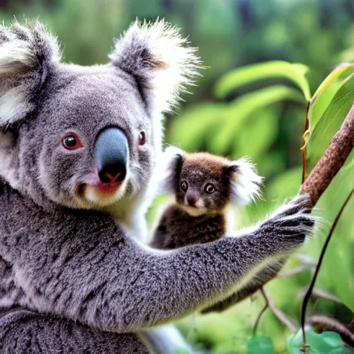 Prompt: photo of koala holding a kitten, cinestill, 8 0 0 t, 3 5 mm, full - hd