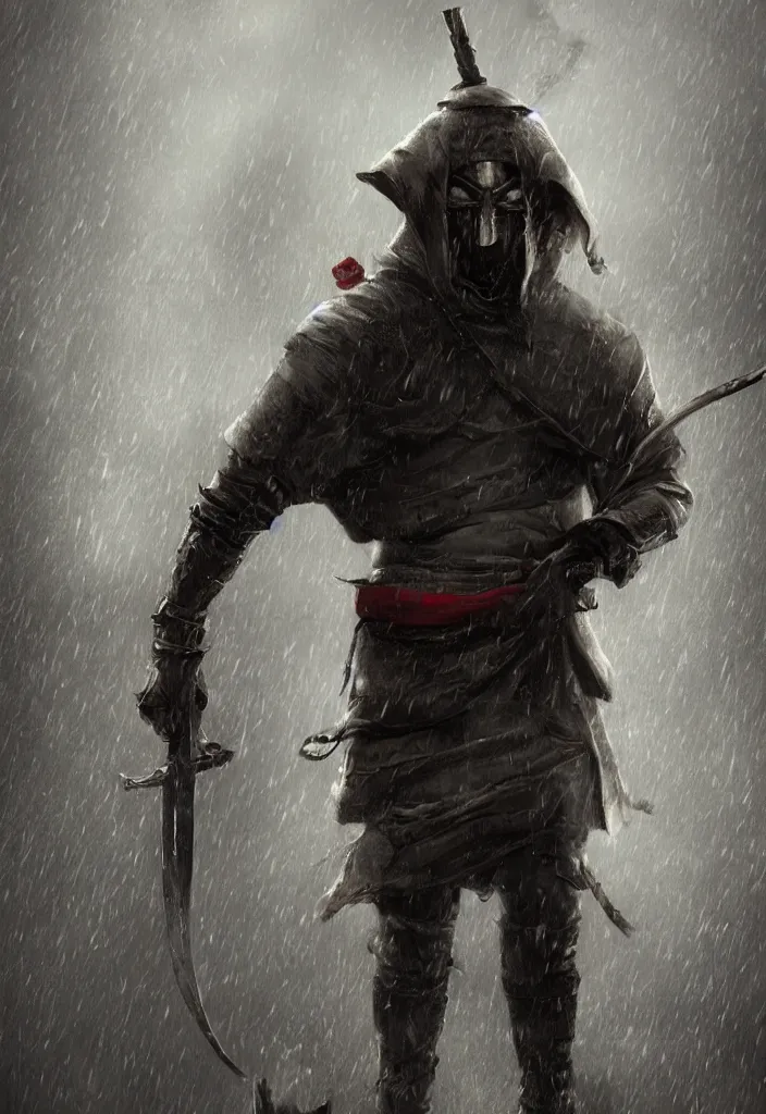 Image similar to a hooded samurai wearing a samurai mask holding his sword in a heroic pose standing in heavy rain magical conceptart, trending on artstation, deviantart.