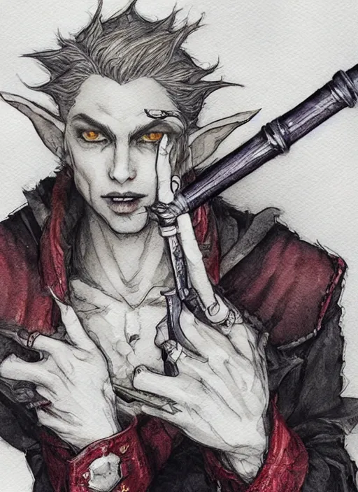 Image similar to portrait, male elf vampire rouge, smoking a magical bong, watercolor, dramatic lighting, cinematic, establishing shot, extremely high detail, foto realistic, cinematic lighting, pen and ink, intricate line drawings, by Yoshitaka Amano, Ruan Jia, Kentaro Miura, Artgerm, post processed, concept art, artstation, matte painting, style by eddie mendoza, raphael lacoste, alex ross