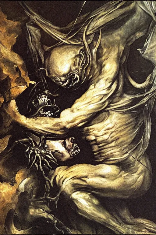 Image similar to canvas painting of saturn devouring his son in the syle of giger, giger art, francisco goya, mural, wall painting, extremely detailed, museum