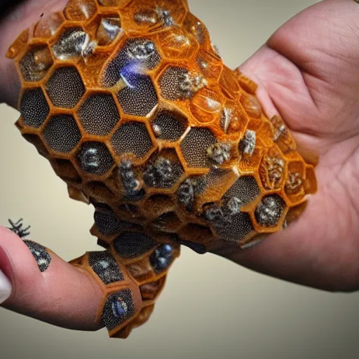 Prompt: arm made with honeycomb, bees flying, photo realistic, tiny holes