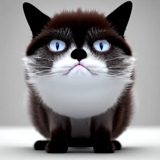 Image similar to cute chthonic fluffy grumpy cat, vray render, 50mm lens, bottom angle