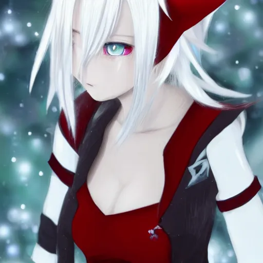 Image similar to white hair, red eyes, two small horn on the head, anime style, anime girl, elf ears