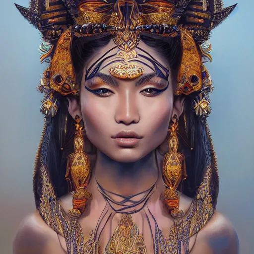 Image similar to Beautiful detailed portrait of an exotic goddess by Nick Silva, Shin JeongHo, Wandah Kurniawan, Symmetrical composition with people centered, realistic proportions, trending on artstation