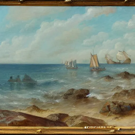 Image similar to A coast with sand and small rocks with a blue sky and a troubled sea and an old sailing ship on the horizon and in the sky is a flock of birds flying southwards, painted in oil colours