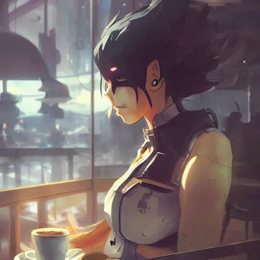 Prompt: a Warrior anime style having a coffee in a futuristic cafe, Greg rutkowski, Trending artstation