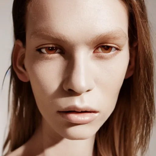 Prompt: close up of face of female fashion model in minimalistic dress, beige colors, official jil sander editorial, highly detailed