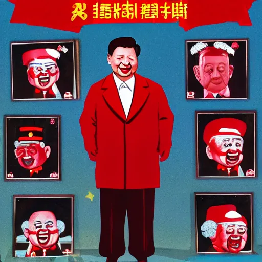 Image similar to xi jinping as communist clown in propaganda style poster