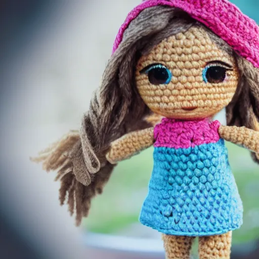 Image similar to Crocheted Pokimane Imane Anys doll. 4k bokeh photography