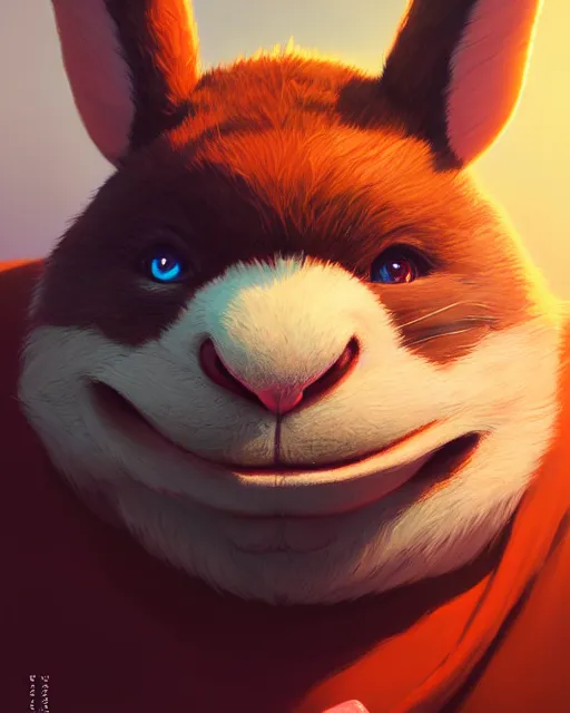 Image similar to highly detailed vfx portrait of a cute, happy big chungus, stephen bliss, unrealengine, greg rutkowski, loish, rhads, beeple, makoto shinkai and lois van baarle, ilya kuvshinov, rossdraws, tom bagshaw, global illumination, detailed and intricate environment