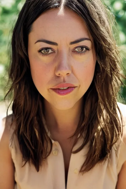 Image similar to photo of Aubrey Plaza with a tomato chin, portrait, 3/4 view, Refined, Detailed professional photo, 50mm lens, Canon eos, blurry distant background, Highly Detailed, Cinematic Lighting, 8k