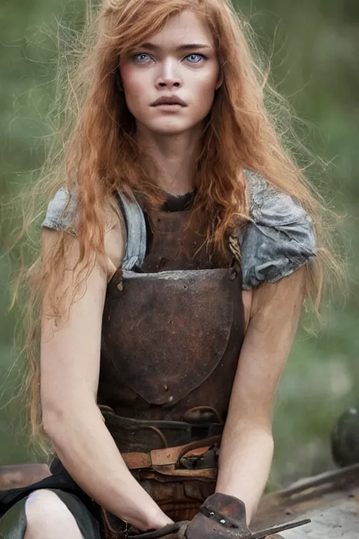 Prompt: female blacksmith, very burly. strawberry - blonde hair, many freckles. resembles natalia vodianova